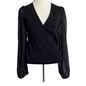 $118 French Connection Black Sheer Sleeve Wrap Blouse